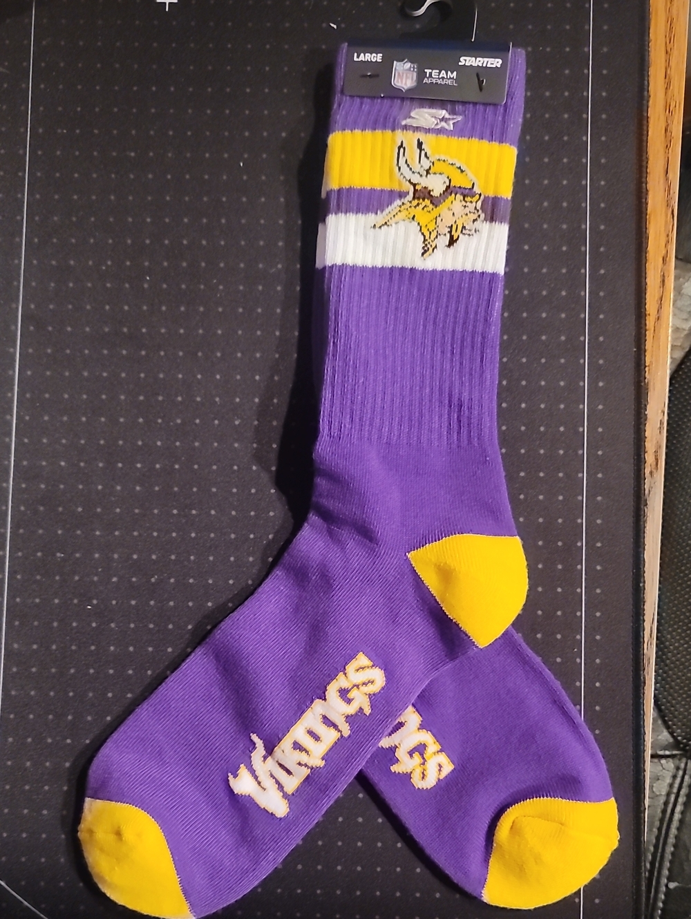 STARTER Purple and Yellow Minnesota Vikings Athletic Crew Socks, Men's Large
